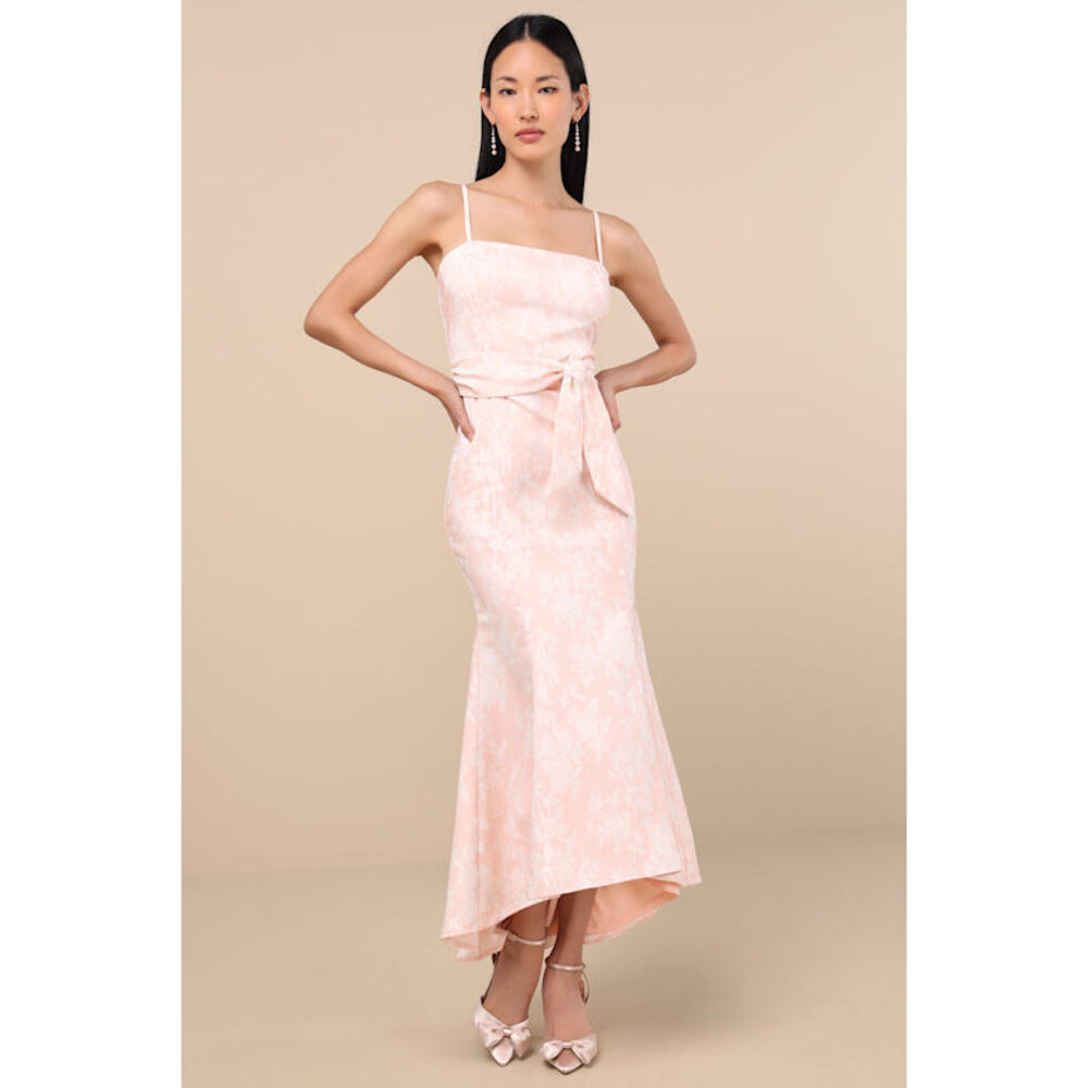 Lulus Gwenth Blush Floral Jacquard High-low Midi Dress Pink - Size M